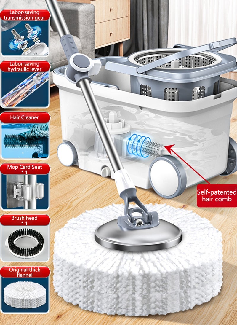 MOP و Bucket مع مجموعة Wringer ، 360 نظام تنظيف أرضية الغزل ، وأدوات لوازم المنازل مع MOP و Floor Brush 2 في 1 ، مقبض ممتد (129 سم) للأرضية الصلبة المنزلية - أبيض