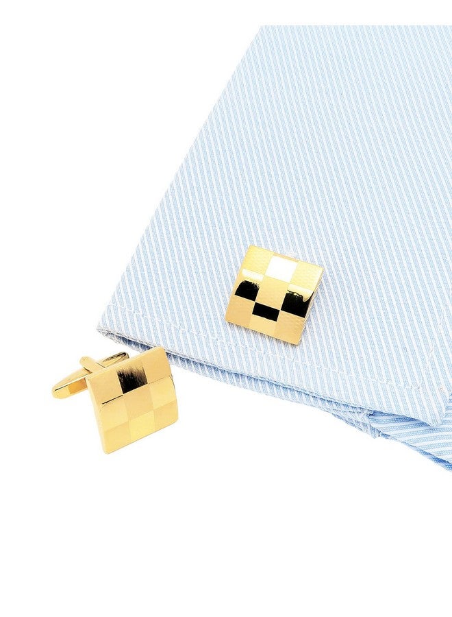 Jonwo Square Pattern Cufflinks For Men Silver And Gold Plated Men'S Cuff Link Set For Wedding Shirt Party Business Birthday Anniversary Dress (Golden Cufflinks) - Image 2
