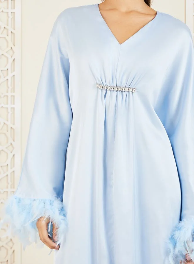 Styli Satin Faux Feather Trim Sleeves Crystal Stone Detail Jalabiya