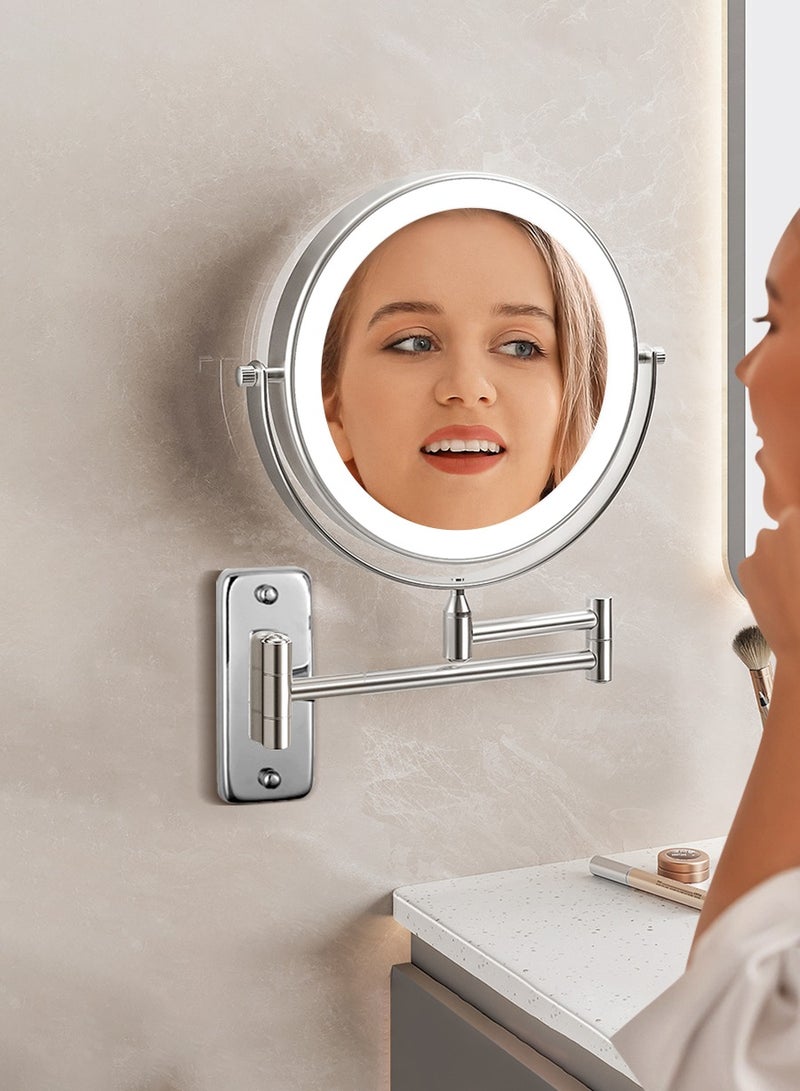 بيروي مرآة مكياج مضيئة مثبتة على الحائط، مرآة مكياج LED مزدوجة الجوانب بقياس  1X/8X، 6 ألوان إضاءة، 360 درجة دوارة، مرآة حمام قابلة للتوسيع للغرفة والحمام وغرفة البودرة - Image 1
