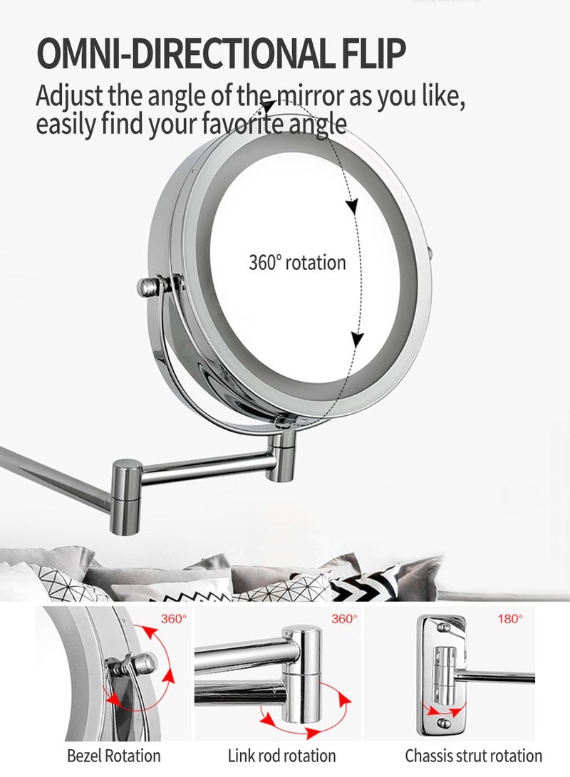 بيروي مرآة مكياج مضيئة مثبتة على الحائط، مرآة مكياج LED مزدوجة الجوانب بقياس  1X/8X، 6 ألوان إضاءة، 360 درجة دوارة، مرآة حمام قابلة للتوسيع للغرفة والحمام وغرفة البودرة - Image 5