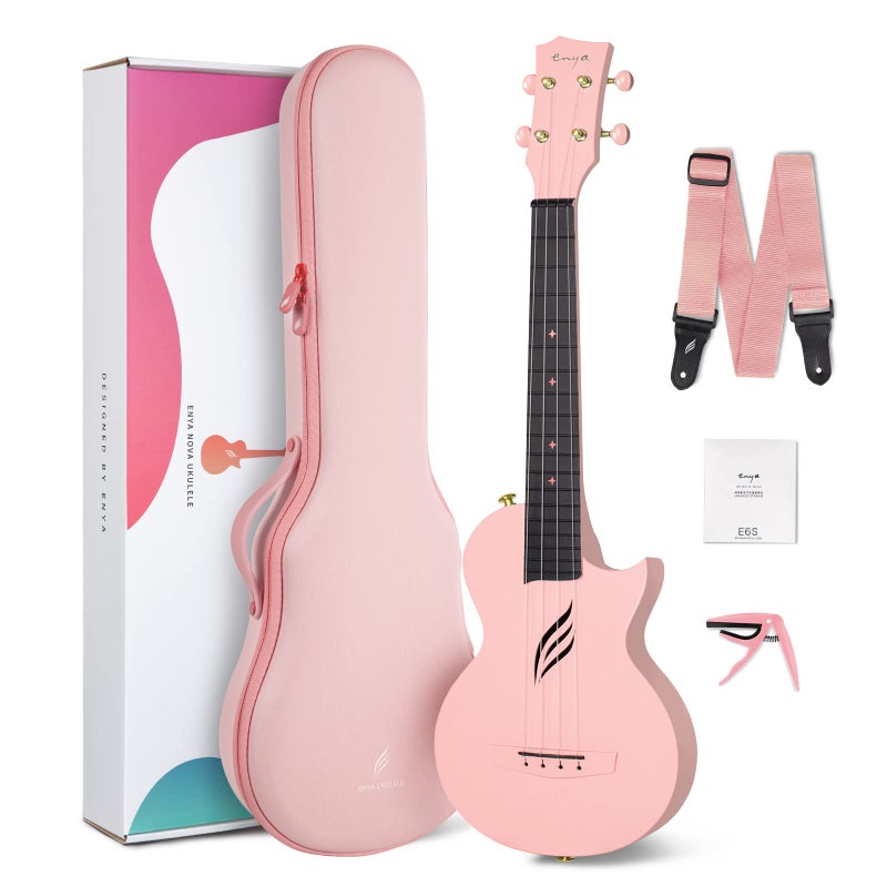 Enya Concert Ukulele Nova U 23â€™â€™ Carbon Fiber Travel Ukulele with Beginner Kit includes online lessons, case, strap, capo and strings (Pink) - Image 1