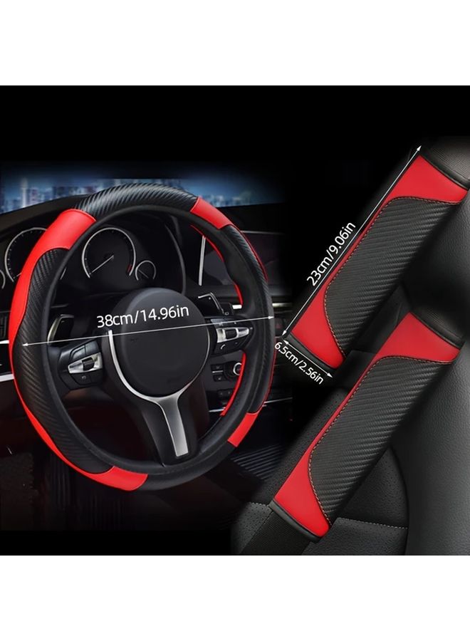Black Car Steering Wheel Cover Set Carbon Fiber Pattern Shoulder Pads Universal Fit - Image 2