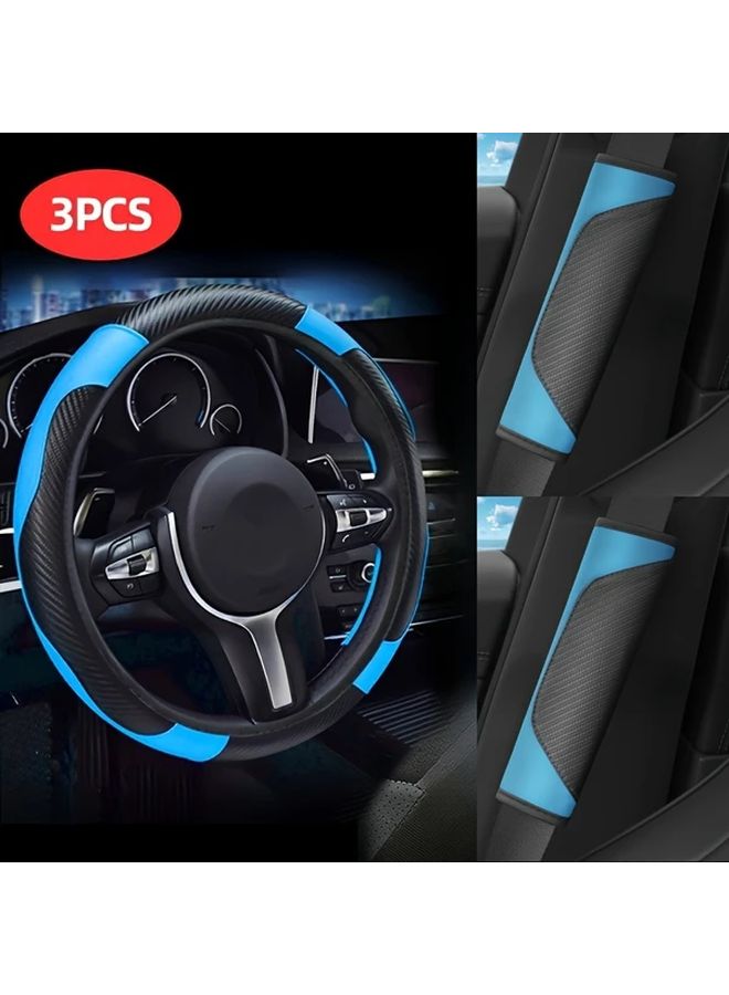 Black Car Steering Wheel Cover Set Carbon Fiber Pattern Shoulder Pads Universal Fit - Image 1