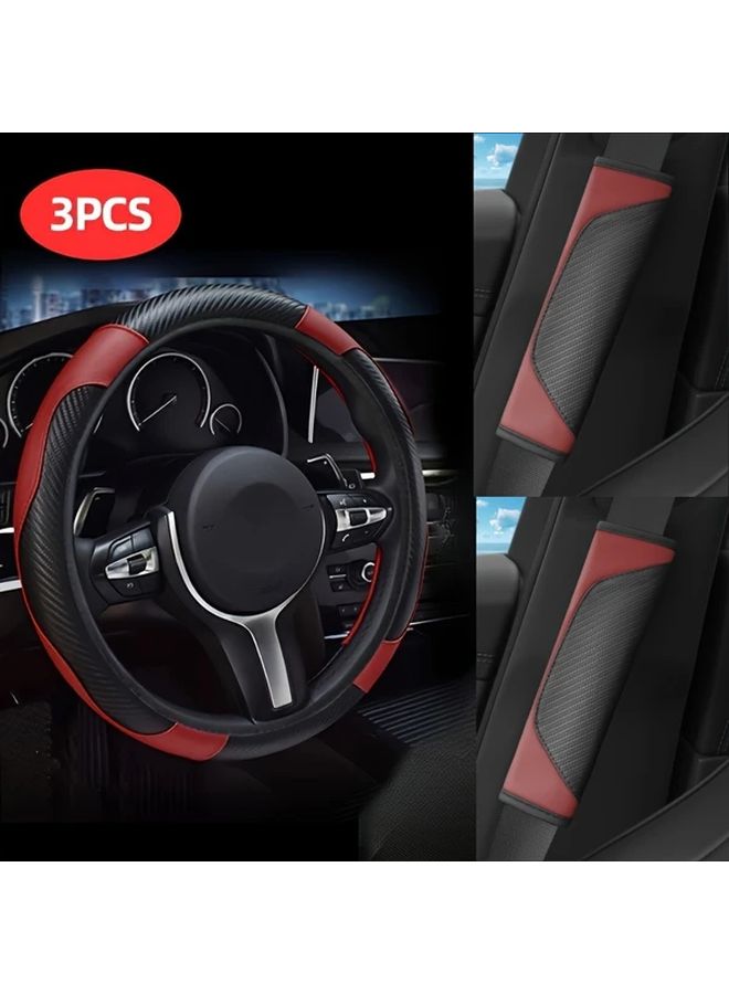 Black Car Steering Wheel Cover Set Carbon Fiber Pattern Shoulder Pads Universal Fit - Image 5