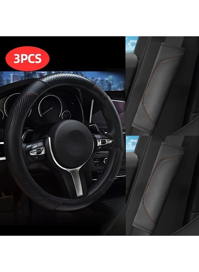Black Car Steering Wheel Cover Set Carbon Fiber Pattern Shoulder Pads Universal Fit - Image 4