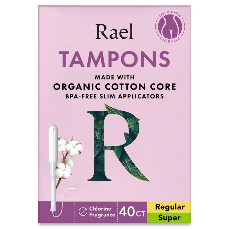 Rael Tampons, Slim Applicator with Organic Cotton Core, Multipack, Regular and Super Absorbency, BPA-Free, Leak Locker Technology, Unscented, Chlorine-Free (40 Count, Bundle) - Image 1