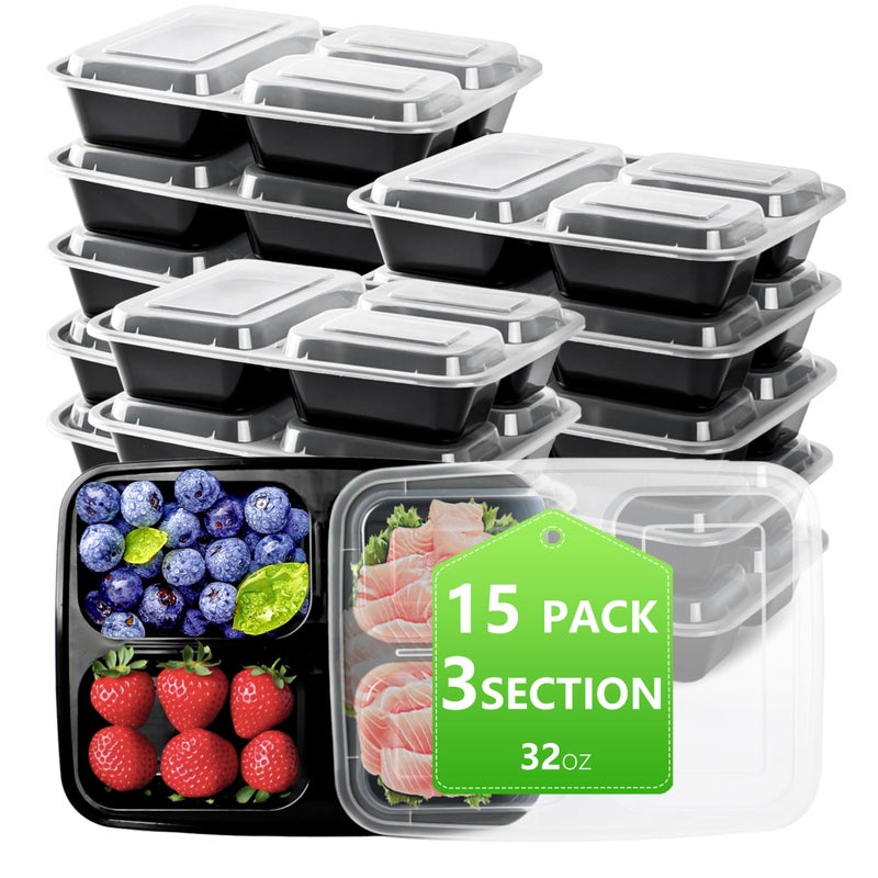 حاويات تحضير الوجبات NutriBox سعة 32 أونصة 3 أقسام مع أغطية 15 حزمة حاويات وجبات خفيفة متينة قابلة لإعادة الاستخدام حاويات تخزين الطعام للميكروويف حاويات الغداء للنساء والرجال