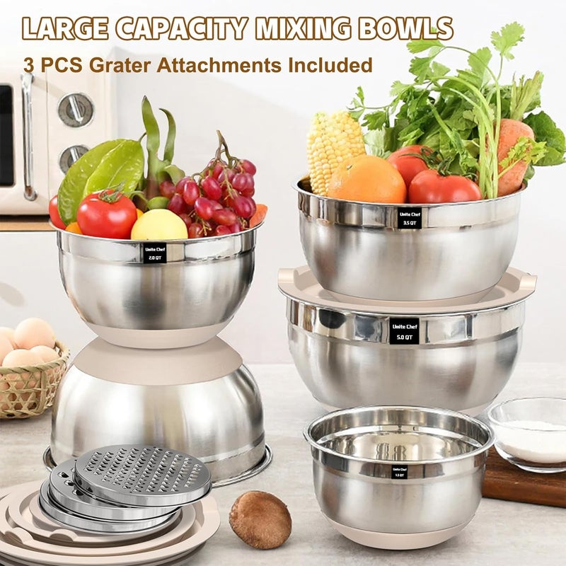 Umite Chef أوعية خلط من مع أغطية محكمة الإغلاق، 8 قطع، فولاذ مقاوم للصدأ، لون كاكي، أوعية تراص مع ملحقات مبشرة، أوعية مطبخ بقاعدة غير قابلة للانزلاق، مقاسات 5، 4، 3.5، 2، 1.5 لتر للخلط و - Image 5