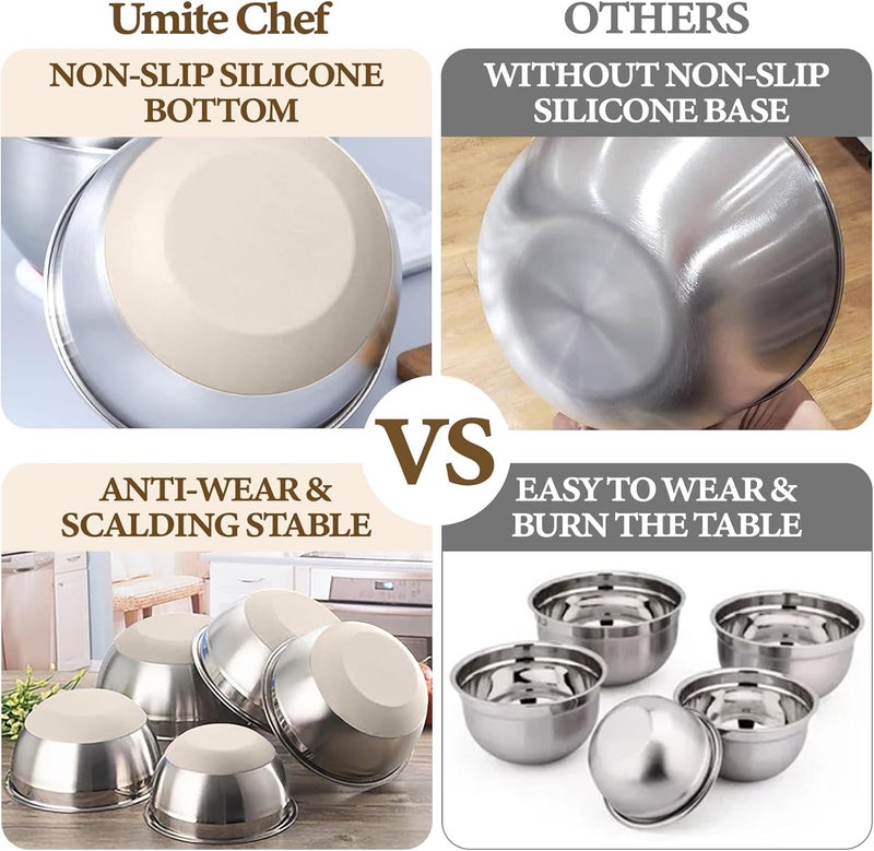 Umite Chef أوعية خلط من مع أغطية محكمة الإغلاق، 8 قطع، فولاذ مقاوم للصدأ، لون كاكي، أوعية تراص مع ملحقات مبشرة، أوعية مطبخ بقاعدة غير قابلة للانزلاق، مقاسات 5، 4، 3.5، 2، 1.5 لتر للخلط و - Image 4