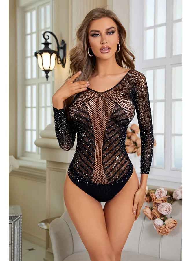 4basix Women’s Body Stocking Lingerie – Mini Seamless Fishnet Mesh Bodystocking Teddy Bodysuit, Stretchable One Size Nightwear Lingerie for Comfortable & Flattering Fit, Black - Image 2