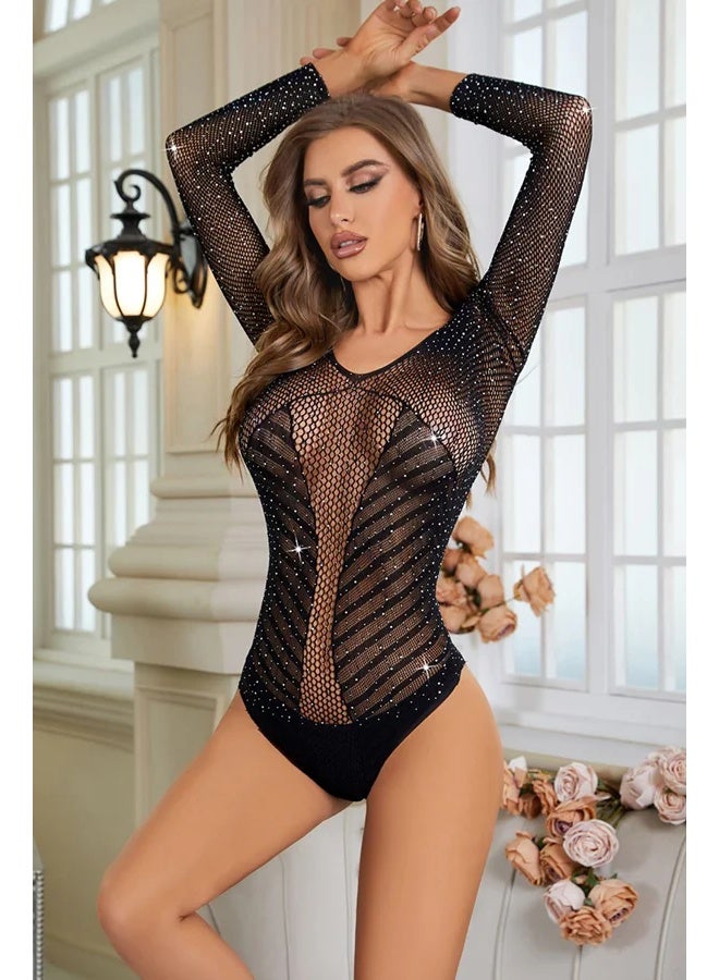4basix Women’s Body Stocking Lingerie – Mini Seamless Fishnet Mesh Bodystocking Teddy Bodysuit, Stretchable One Size Nightwear Lingerie for Comfortable & Flattering Fit, Black - Image 3