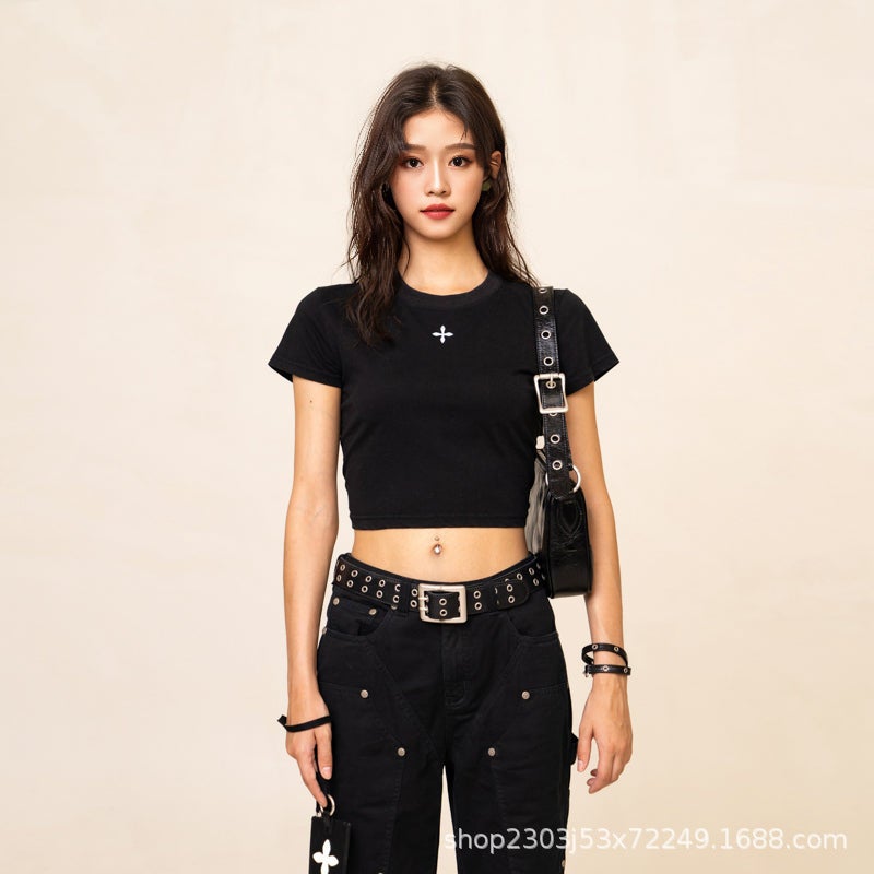 Smink Cross Flower Retro Slim-Fit Tee Light Sand Cotton Short-Sleeved T-Shirt New Slimming T-Shirt - Image 2