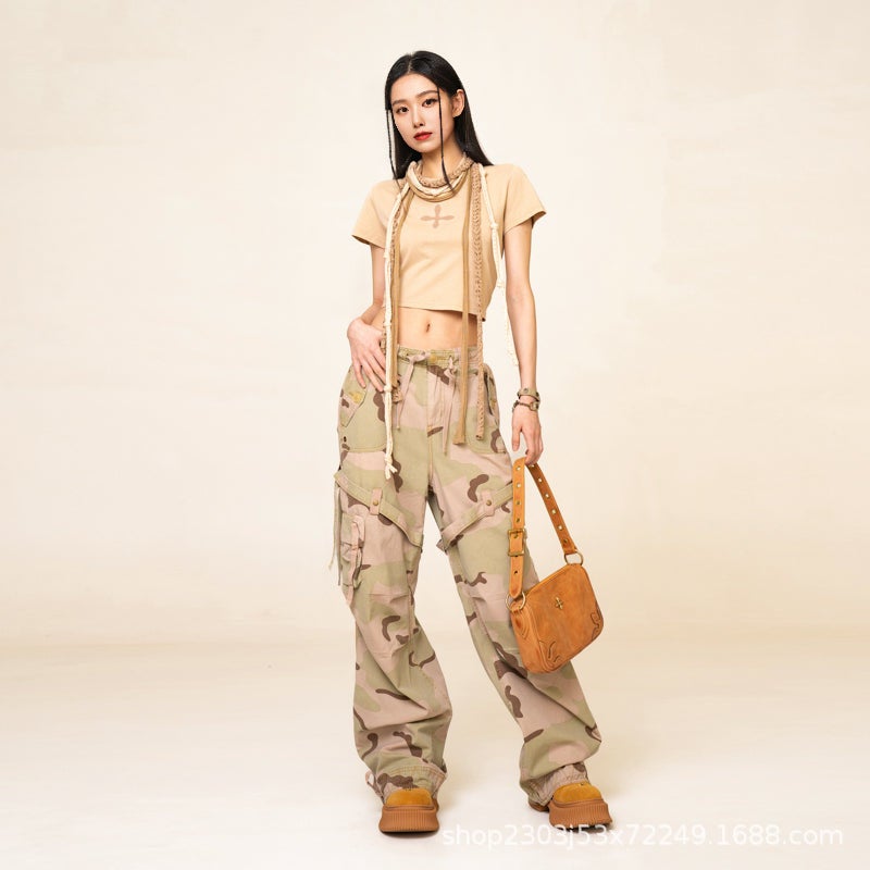 Smink Cross Flower Retro Slim-Fit Tee Light Sand Cotton Short-Sleeved T-Shirt New Slimming T-Shirt - Image 4