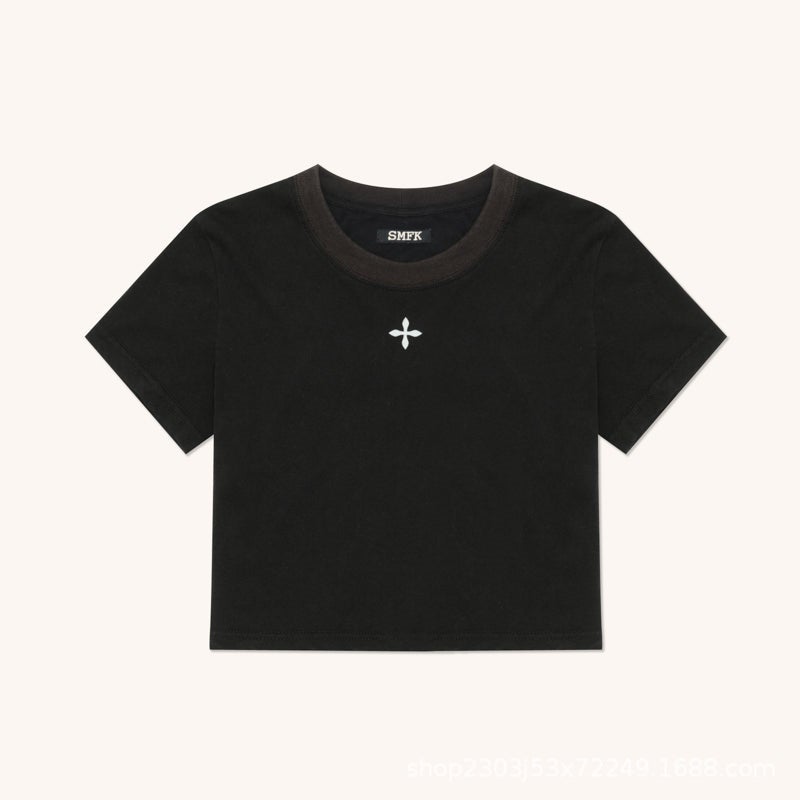 Smink Cross Flower Retro Slim-Fit Tee Light Sand Cotton Short-Sleeved T-Shirt New Slimming T-Shirt - Image 1