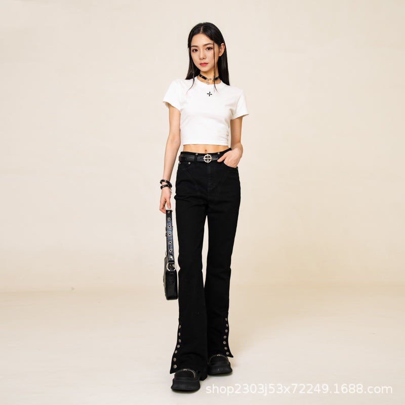 Smink Cross Flower Retro Slim-Fit Tee Light Sand Cotton Short-Sleeved T-Shirt New Slimming T-Shirt - Image 5