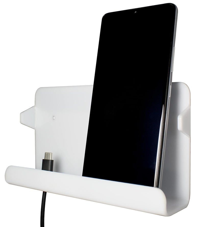 Unique Utilities Wall Mount Mobile Charging Stand – Holds 2 Phones | Acrylic Wall Mobile Holder for Charging | Phone Stand for Wall with Cable Slot (White) - Image 1