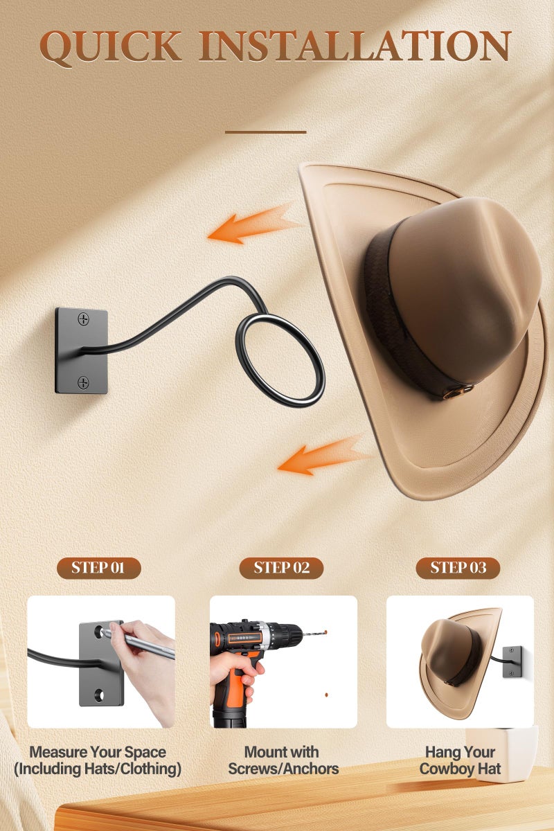 Cinati Cowboy Hat Rack for Wall, 4 Pack Cowboy Hat Holder Wall Mount, Western Rustic Metal Cowboy Hat Hanger, Hat Hooks for Cowboy Hat, Fedora, Sun Hats,Wide Brim Hat Organizer - Image 3