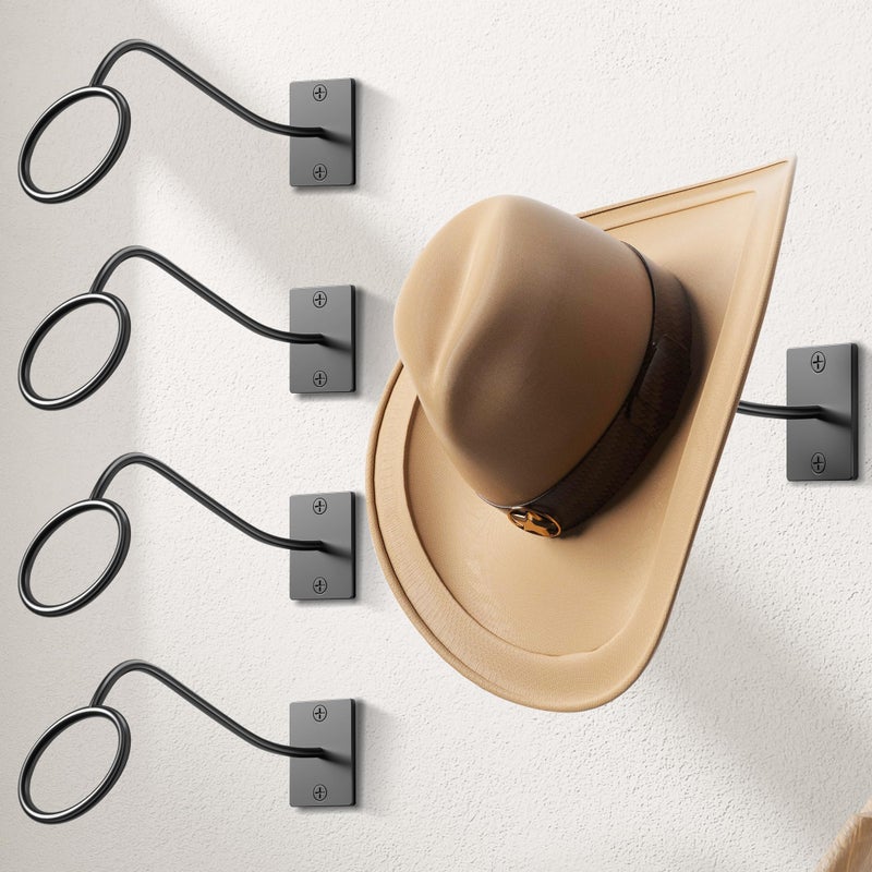 Cinati Cowboy Hat Rack for Wall, 4 Pack Cowboy Hat Holder Wall Mount, Western Rustic Metal Cowboy Hat Hanger, Hat Hooks for Cowboy Hat, Fedora, Sun Hats,Wide Brim Hat Organizer - Image 1