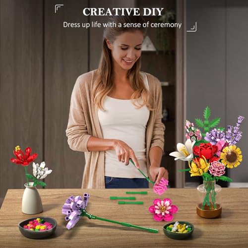 HOGOKIDS Flower Bouquet Set for Adults Valentine 1461PCS Artificial Flowers Botanical Collection 18 Sticks Decorative Home Plant Bouquet Creative DIY Gift for Wife Girlfriend Mom Women Men - Image 5