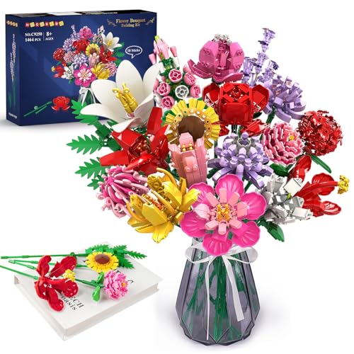 HOGOKIDS Flower Bouquet Set for Adults Valentine 1461PCS Artificial Flowers Botanical Collection 18 Sticks Decorative Home Plant Bouquet Creative DIY Gift for Wife Girlfriend Mom Women Men - Image 1