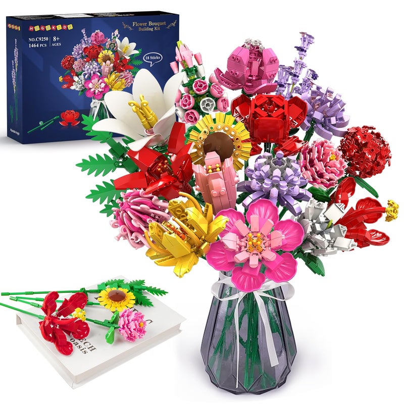 HOGOKIDS Flower Bouquet Set for Adults Valentine 1461PCS Artificial Flowers Botanical Collection 18 Sticks Decorative Home Plant Bouquet Creative DIY Gift for Wife Girlfriend Mom Women Men - Image 2