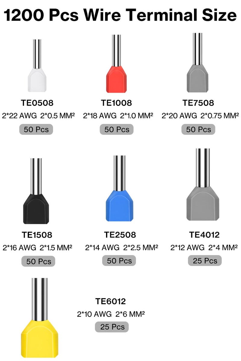 Lytool Wire-Ferrule Kit 1200pcs:Ferrule-Connectors, Double Ferrules Terminal Set, Insulated Ferrule Crimp Pins, Single Line Ferrules and Twin Wire Ferrule Set, AGW 23-6 - Image 2