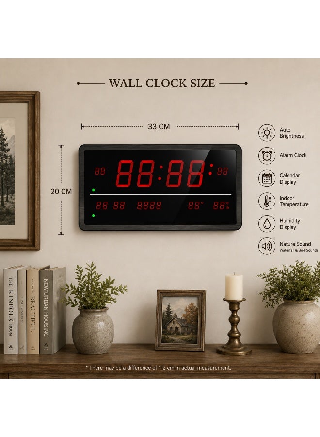 LED Digital Wall Clock With Time, Date, Temperature & Humidity Display, Auto Brightness, Alarm Clock & Nature Sounds For Home And Office - Image 2