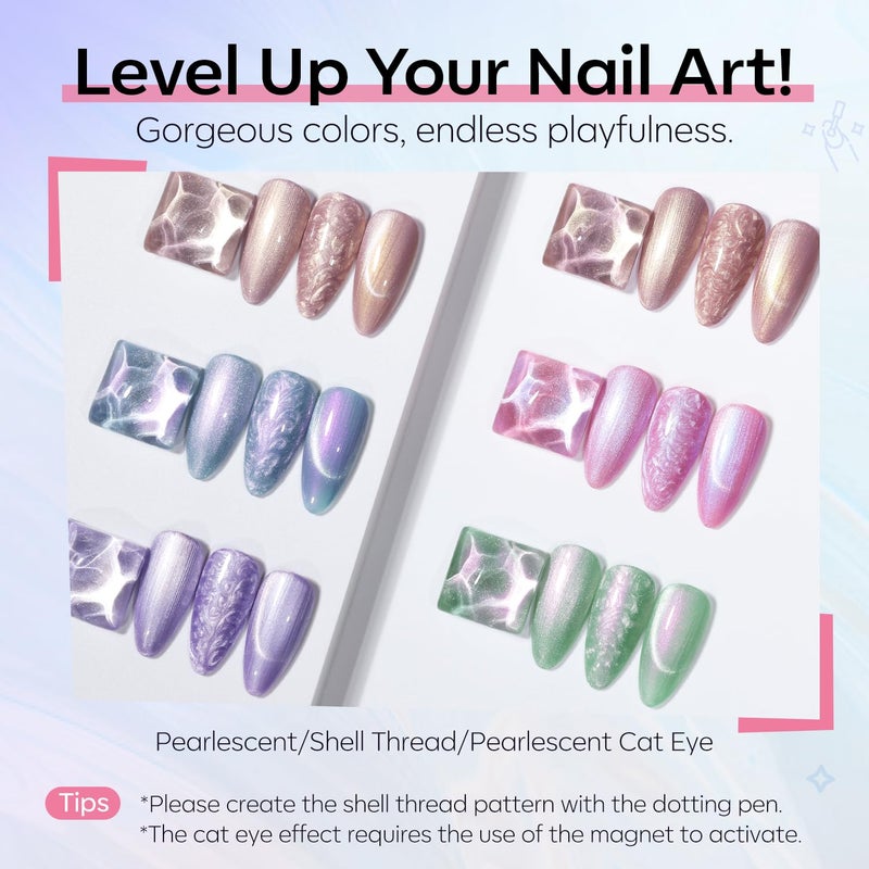 modelones Cat Eye Gel Nail Polish, 6 Colors Shimmer Pearl Magnetic Nail Drawing Set with Magnet, Iridescent Mermaid Swirl Shell Thread Purple Pink Blue Glitter, DIY Manicure Gift for Women Girl - Image 2