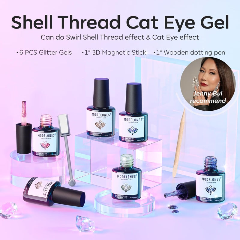 modelones Cat Eye Gel Nail Polish, 6 Colors Shimmer Pearl Magnetic Nail Drawing Set with Magnet, Iridescent Mermaid Swirl Shell Thread Purple Pink Blue Glitter, DIY Manicure Gift for Women Girl - Image 3