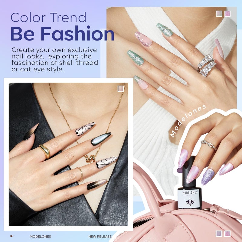 modelones Cat Eye Gel Nail Polish, 6 Colors Shimmer Pearl Magnetic Nail Drawing Set with Magnet, Iridescent Mermaid Swirl Shell Thread Purple Pink Blue Glitter, DIY Manicure Gift for Women Girl - Image 4