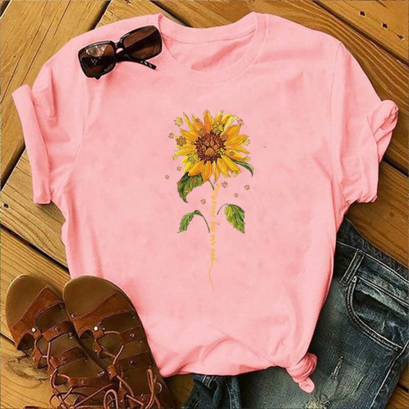 2020 AliExpress wish ebay Amazon foreign trade independent station womens Christmas Animal Flower short sleeve Pink 