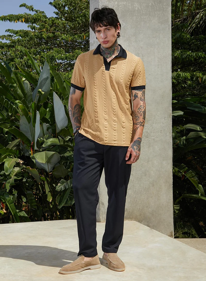 Campus Sutra Men's Buff Beige & Obsidian Black Arc-Tactile Polo T-Shirt