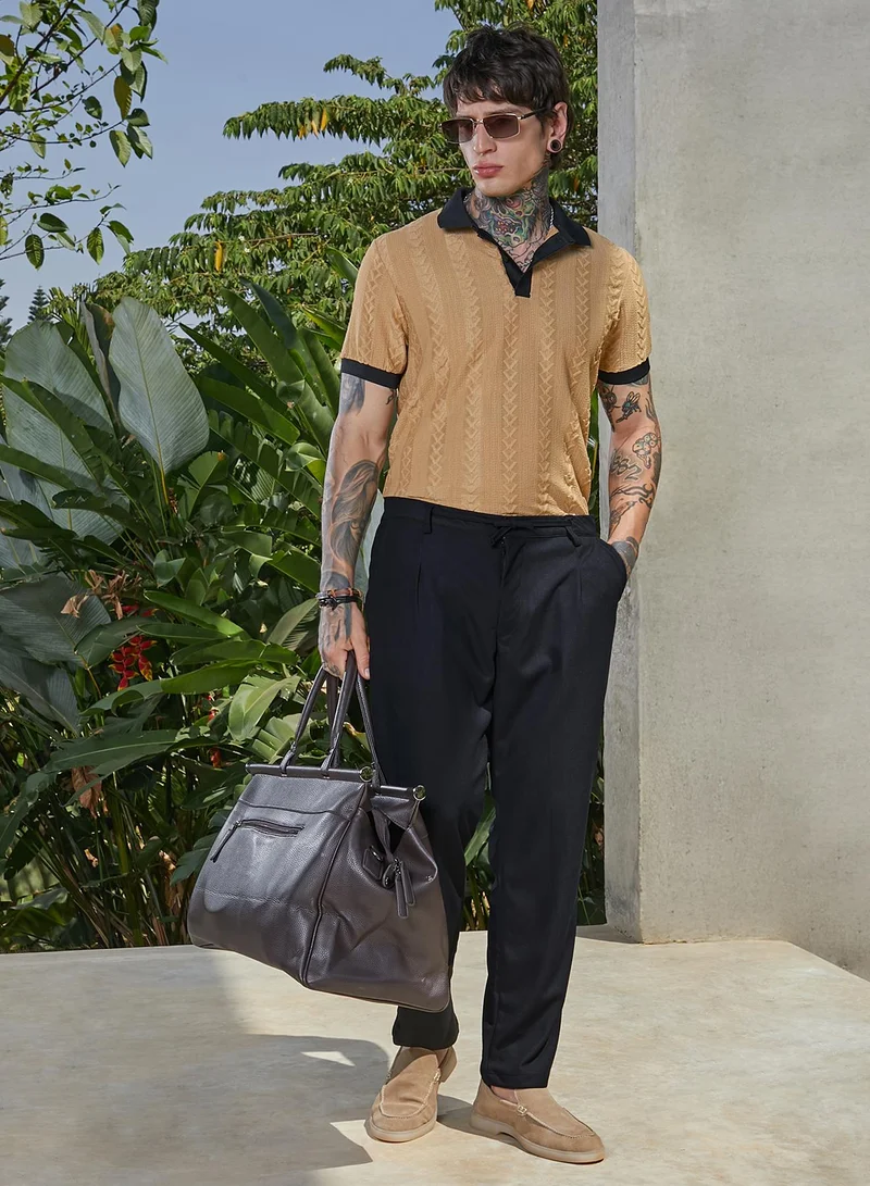 Campus Sutra Men's Buff Beige & Obsidian Black Arc-Tactile Polo T-Shirt