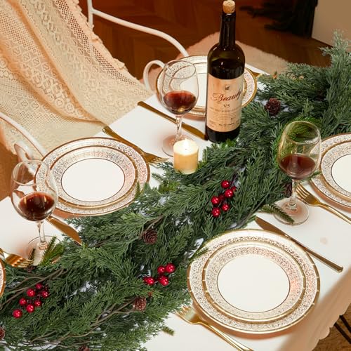 ENVEN Faux Cedar Christmas Garland with Red Berries & Pine Cones – Full Faux Winter Greenery for Holiday Mantel, Staircase, Doorway, Indoor Outdoor Christmas Décor (6FT-Deluxe Cedar) - Image 4