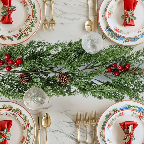 ENVEN Faux Cedar Christmas Garland with Red Berries & Pine Cones – Full Faux Winter Greenery for Holiday Mantel, Staircase, Doorway, Indoor Outdoor Christmas Décor (6FT-Deluxe Cedar) - Image 1