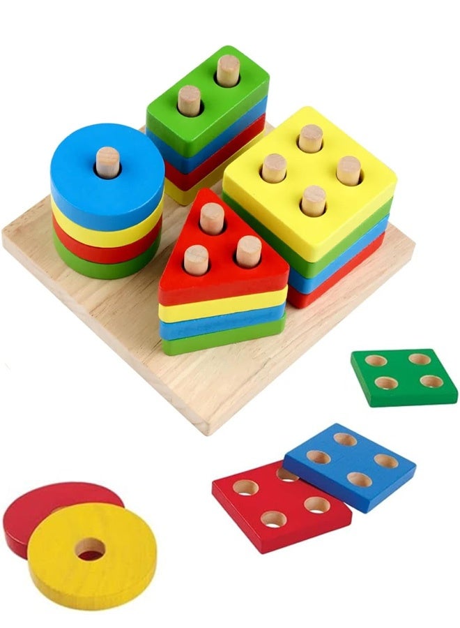 ألعاب أطفال خشبية ملونة بألوان قوس قزح قابلة للتكديس | مكعبات خشبية للأطفال من سن 3 سنوات فما فوق | لعبة أطفال بحلقات تكديس | مكعبات تكديس بحلقات خشبية | ألعاب خشبية - Image 1
