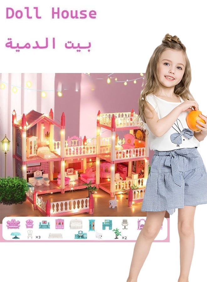 بيت دمى من 3 طوابق مع 6 غرف و 2 دمى، بيت دمى للعب التخيلي مع أضواء وأثاث، قلعة أميرة خيالية للبنات - Image 1