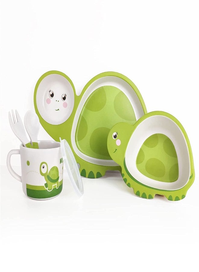 PANSHUB Turtle Bamboo Dish Set Eco Friendly Bamboo Fiber Dinner Set, 5 Pcs Tableware Crockery Set for Weaning Toddler & Self Feeding Baby Utensil Set for Baby Kids (Turtle Bamboo Fiber Dinner Set) - Image 1