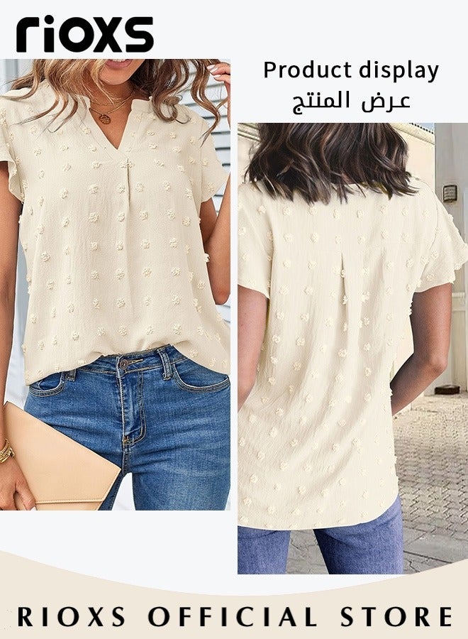 RIOXS Women's Summer Elegant T-shirt V-neck Ruffle Short Sleeve Top Casual Solid Color Chiffon Cool Shirt for Daily Wear  - Image 5