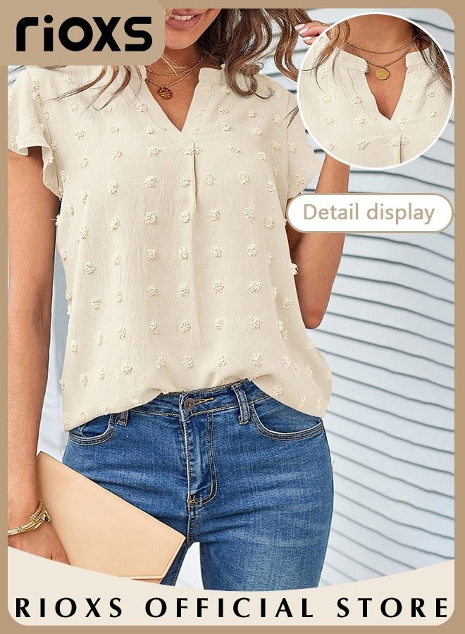 RIOXS Women's Summer Elegant T-shirt V-neck Ruffle Short Sleeve Top Casual Solid Color Chiffon Cool Shirt for Daily Wear  - Image 4