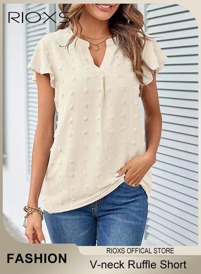 RIOXS Women's Summer Elegant T-shirt V-neck Ruffle Short Sleeve Top Casual Solid Color Chiffon Cool Shirt for Daily Wear  - Image 1
