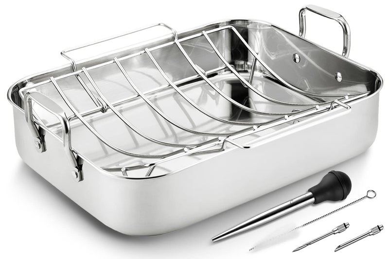 JY COOKMENT Roasting Pan with Baking Rack 165 Inch Stainless Steel Turkey Roaster with Rack Baster Great for Turkey Chicken Ham Vegetables