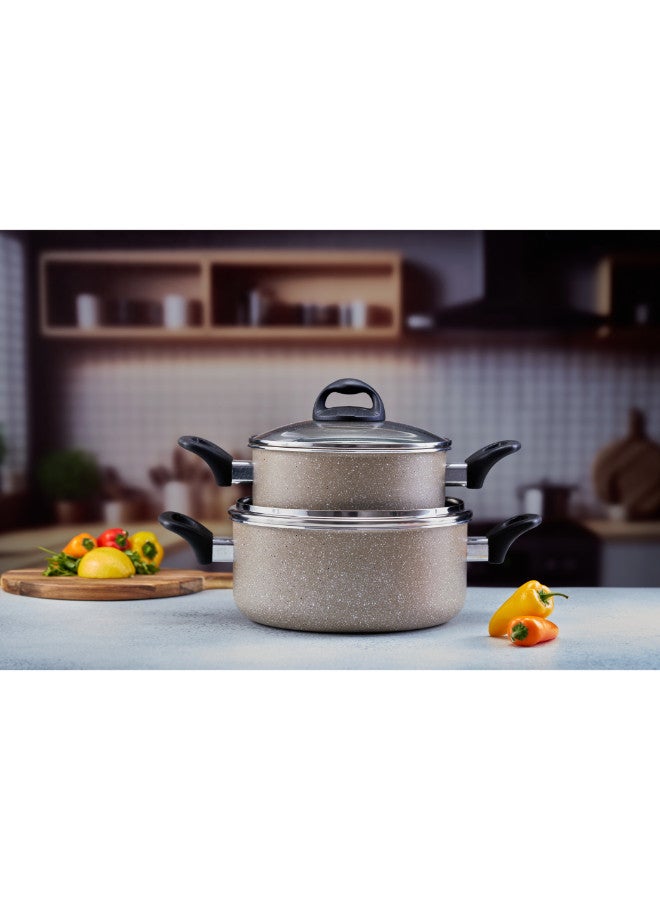 Trust 8-Piece Aluminuim Cookware Set With Glass Lid & Heat Resistant Handle Size 18,22,26,30CM, Granite Coating - Image 3