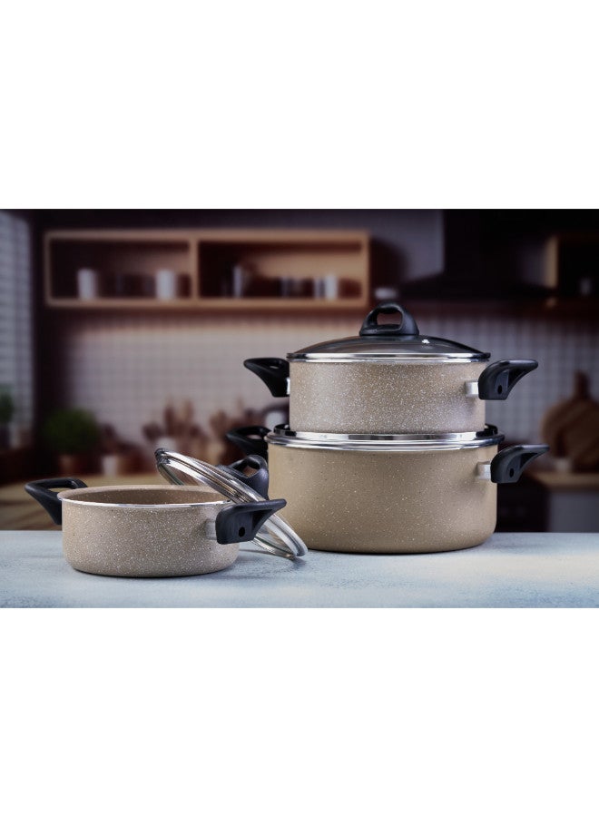 Trust 8-Piece Aluminuim Cookware Set With Glass Lid & Heat Resistant Handle Size 18,22,26,30CM, Granite Coating - Image 2