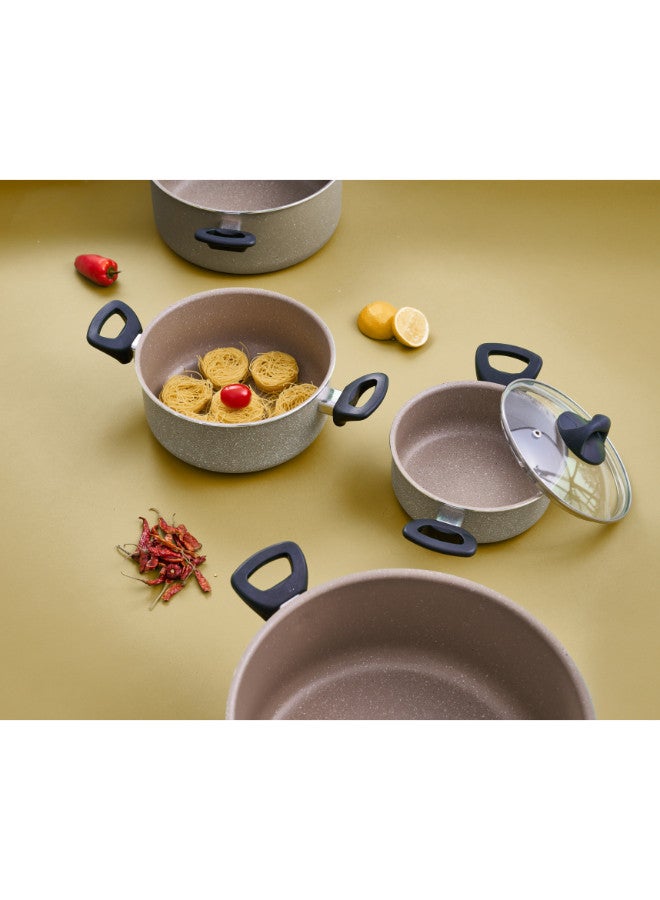 Trust 8-Piece Aluminuim Cookware Set With Glass Lid & Heat Resistant Handle Size 18,22,26,30CM, Granite Coating - Image 4