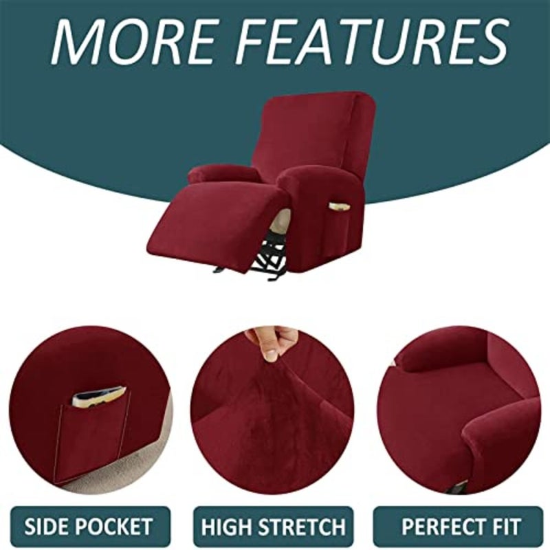 Velvet Stretch Recliner Cover, Recliner Chair Cover Soft Recliner Slipcovers with Side Pocket Recliner Protector for Chair Sofa Recliner Couch Cover 1 Seater, Wine Red - Image 3
