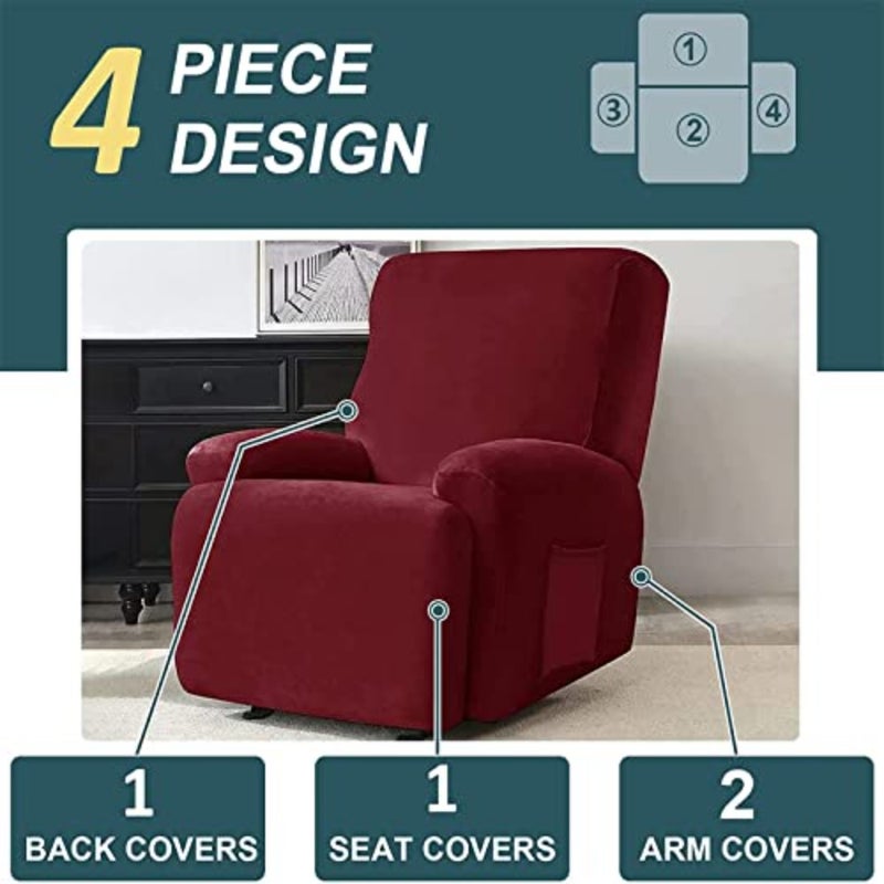 Velvet Stretch Recliner Cover, Recliner Chair Cover Soft Recliner Slipcovers with Side Pocket Recliner Protector for Chair Sofa Recliner Couch Cover 1 Seater, Wine Red - Image 5