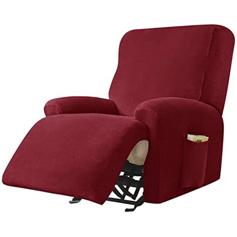 Velvet Stretch Recliner Cover, Recliner Chair Cover Soft Recliner Slipcovers with Side Pocket Recliner Protector for Chair Sofa Recliner Couch Cover 1 Seater, Wine Red - Image 1