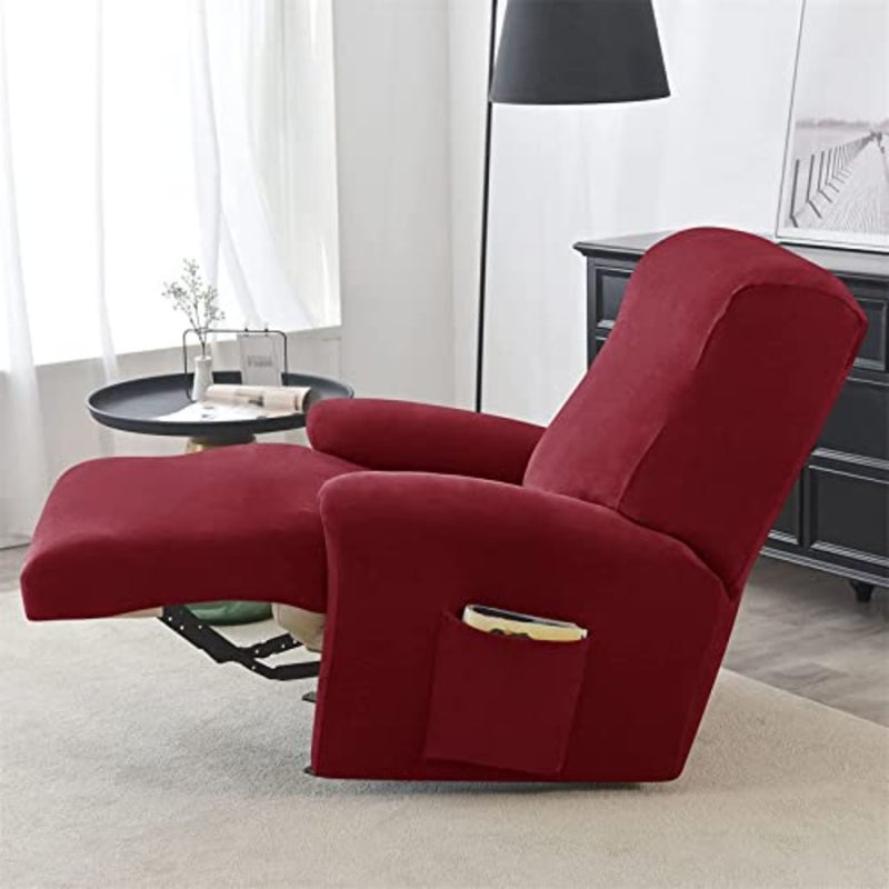 Velvet Stretch Recliner Cover, Recliner Chair Cover Soft Recliner Slipcovers with Side Pocket Recliner Protector for Chair Sofa Recliner Couch Cover 1 Seater, Wine Red - Image 4
